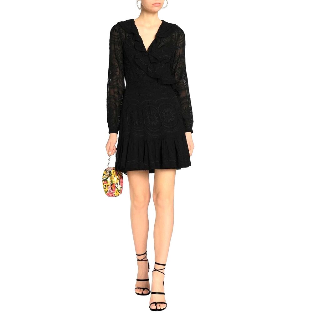 NEEDLE‎ & THREAD Lace Ruffled Wrap Midi Dress Black Sz 6